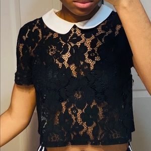 F21 Black Floral Lace Crop Top with White Collar